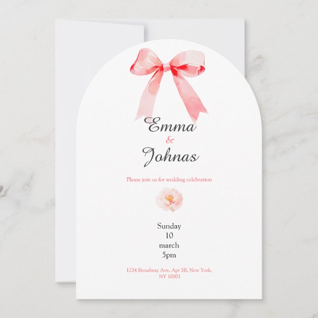 Convite pink bow rose chic wedding invitation (Frente)