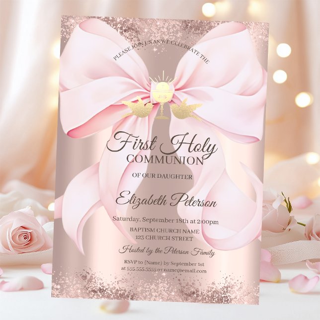 Convite Pink Bow Rose Gold First Holy Communion   (Criador carregado)