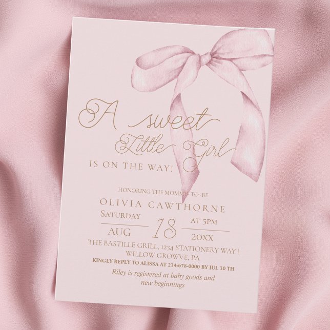 Convite Pink Bow Script Baby Shower Invitation (Criador carregado)