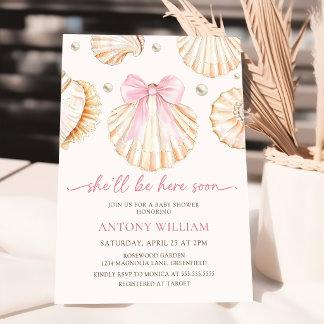 Convite Pink Bow Seashells Girl Baby Shower Invitation