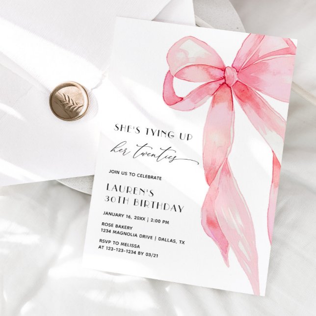 Convite Pink Bow She's Tying Up Her Twenties 30th Birthday (Criador carregado)