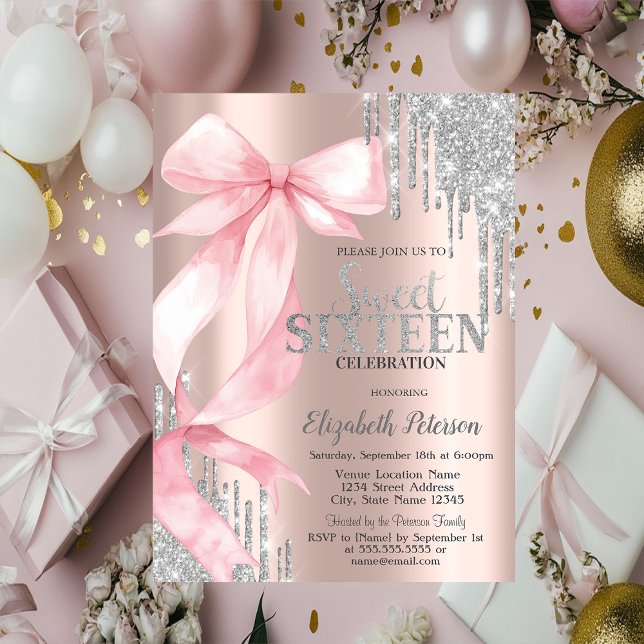 Convite Pink Bow Silver Glitter Drips Rose Gold Sweet 16 (Criador carregado)