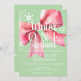 Convite Pink Bow Snowflake Snow Script First Birthday