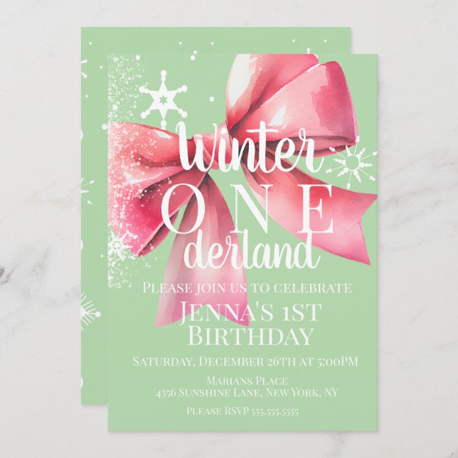 Convite Pink Bow Snowflake Snow Script First Birthday  (Frente/Verso)
