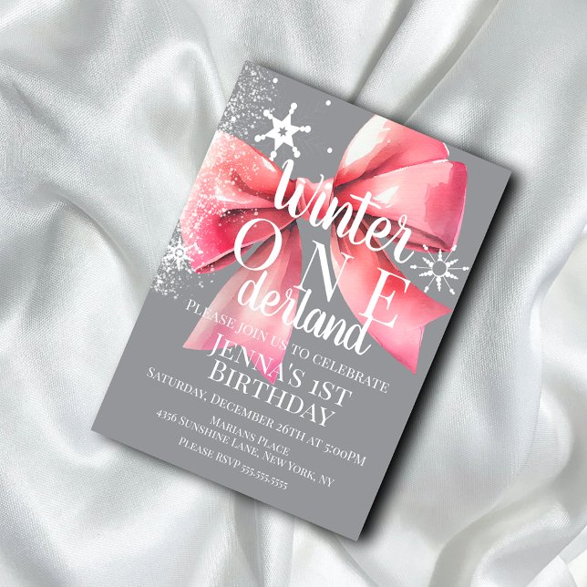 Convite Pink Bow Snowflake Snow Script First Birthday B (Criador carregado)