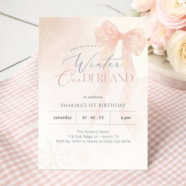Convite Pink Bow Snowflake Winter Onederland 1st Birthday (Criador carregado)