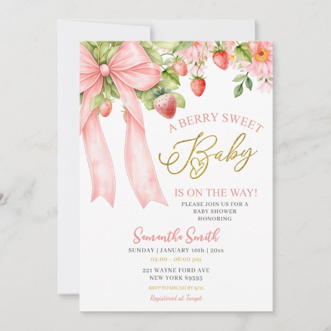 Convite Pink Bow Strawberry Baby Shower Invitation (Frente)