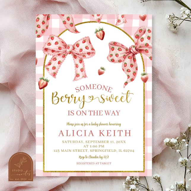 Convite Pink Bow strawberry berry sweet baby shower (Criador carregado)