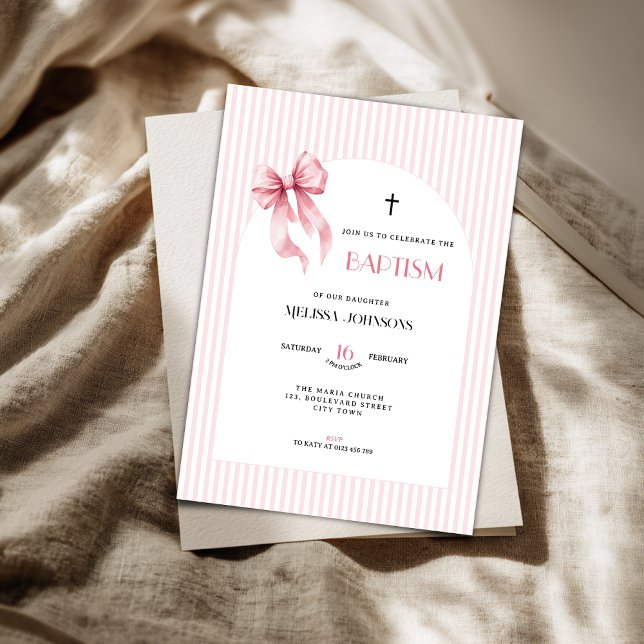 Convite Pink Bow Striped Baptism Invitation for Girls (Pink bow baptism invitation for girls. )