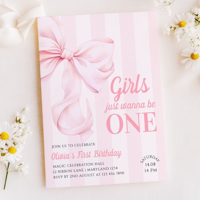 Convite Pink Bow Stripes First Birthday (Criador carregado)