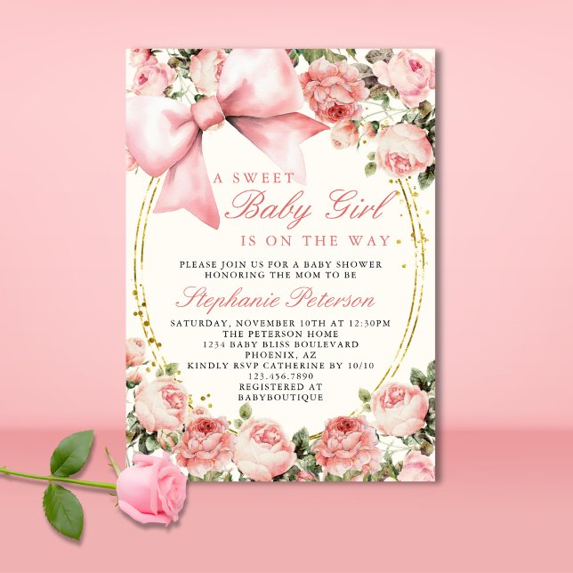 Convite Pink Bow Sweet Baby Girl Is On The Way Baby Shower (Criador carregado)