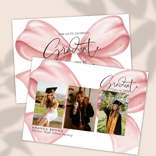 Convite Pink Bow Three Photo Graduation 2025 Invitation (Criador carregado)