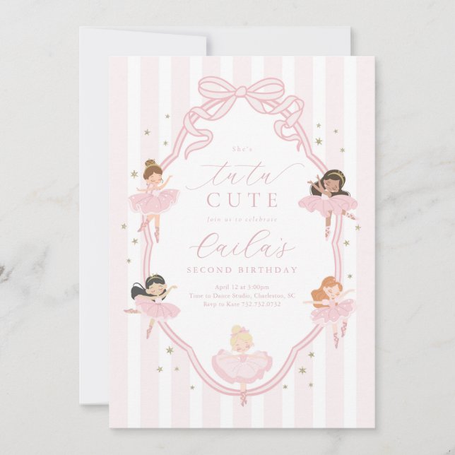 Convite Pink Bow Tutu Cute Ballerina Birthday Invitation (Frente)