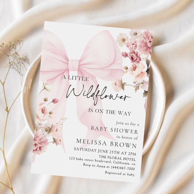 Convite Pink Bow Wildflower Baby Shower Invitation (Criador carregado)
