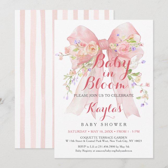 Convite Pink Bow Wildflowers Baby Shower (Frente/Verso)