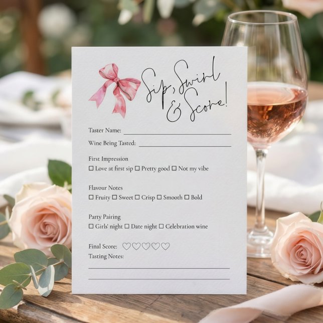 Convite PInk Bow Wine Tasting Bridal Shower Score Card (Criador carregado)