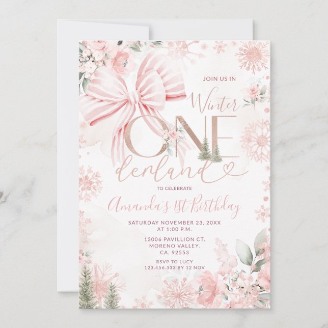 Convite Pink Bow Winter Onederland Floral First Birthday (Frente)