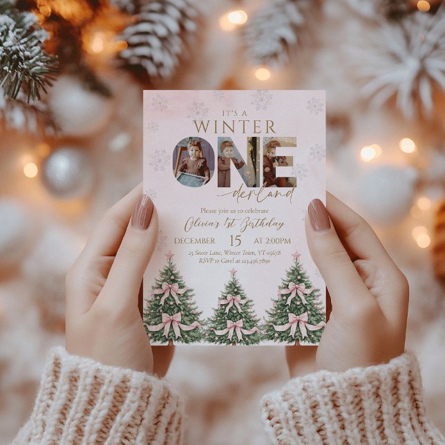 Convite Pink Bow Winter Onederland Girl 1st Birthday Photo (Criador carregado)