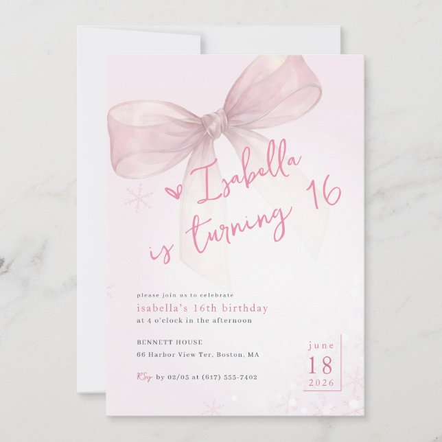 Convite Pink Bow Winter Snowflake Girl 16th Birthday (Frente)