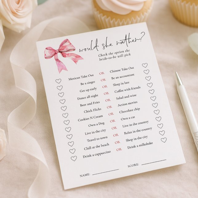Convite PInk Bow Would She Rather Bridal Shower Game Card (Criador carregado)