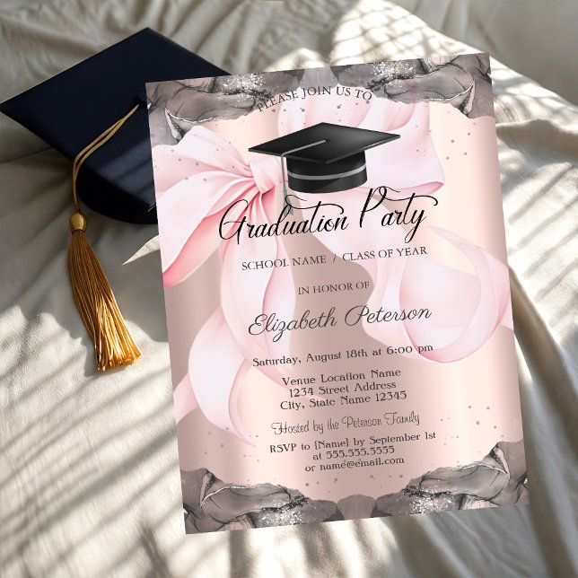 Convite Pink Bow Your Photo Rose Gold Graduation   (Criador carregado)
