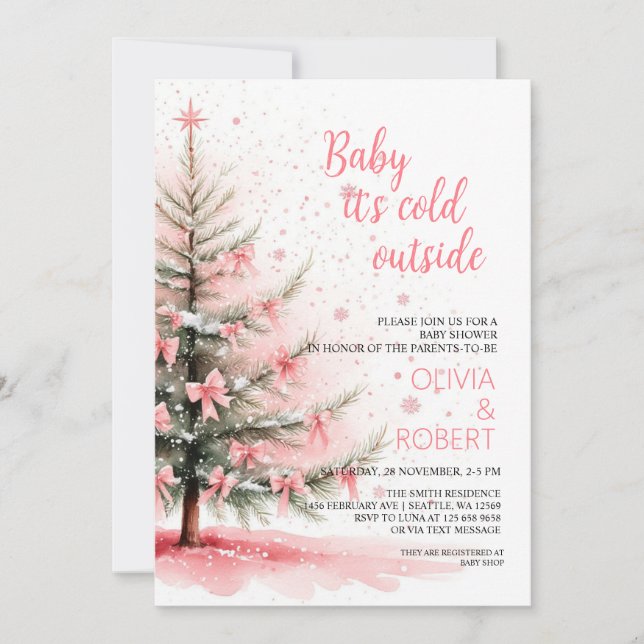 Convite Pink Bows and Christmas Tree Baby Shower (Frente)