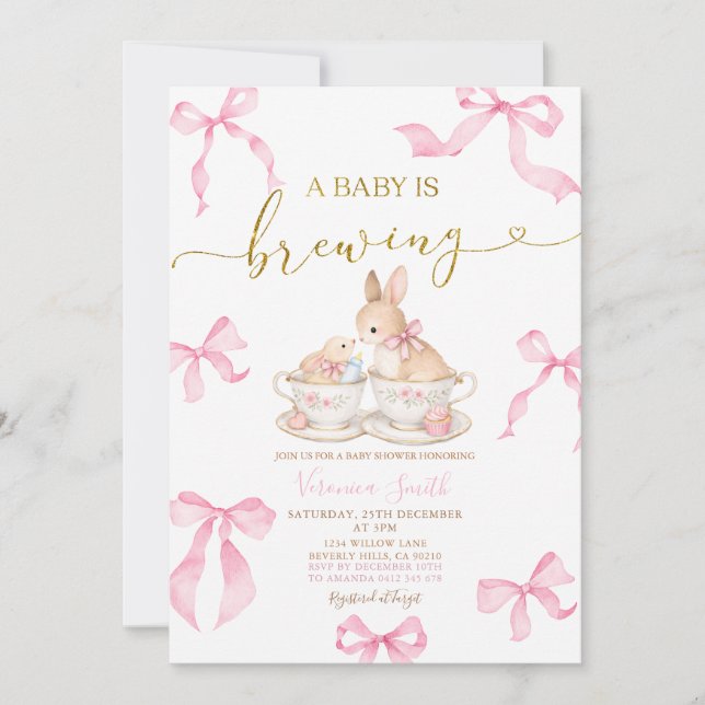 Convite Pink Bows Bunny Tea Party Baby Shower Invitation (Frente)