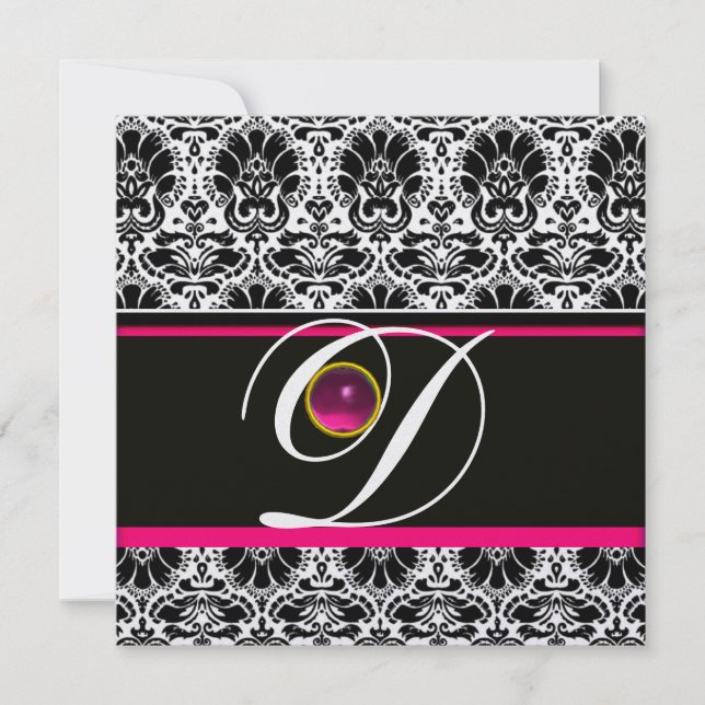 Convite PINK BRANCO NEGRO DAMASK MONOGRAM Ametist Ice (Frente)