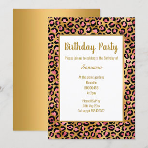 CONVITE PINK BRIGHT LEOPARD DOURADO TODO ANIVERSÁRIO DE O