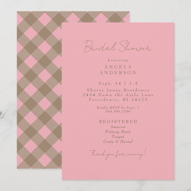 Convite Pink & Brown Gingham Bridal Shower (Frente/Verso)