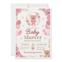 Pink & Brown Teddy Bear Girl Baby Shower Invitatio