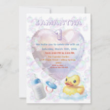 Pink Bubble Duck 1st Birthday Invite