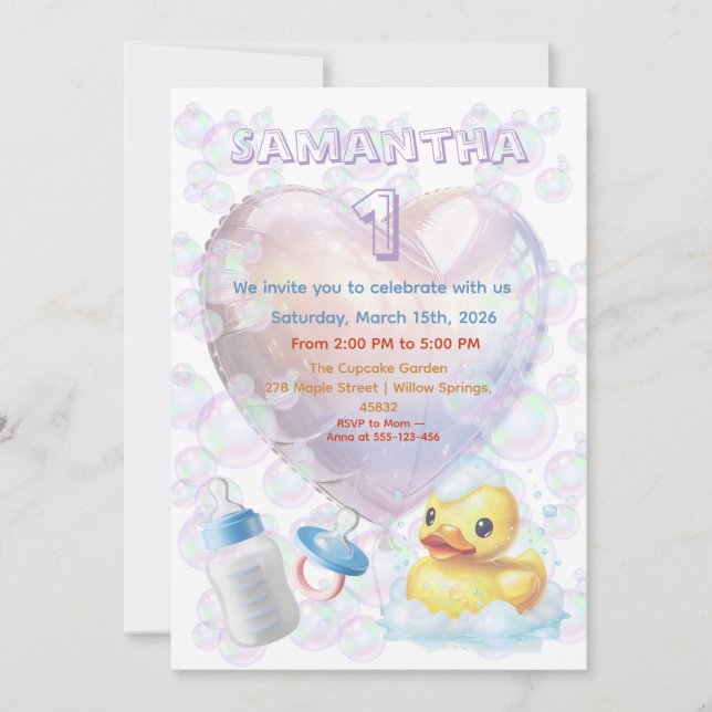 Convite Pink Bubble Duck 1st Birthday Invite (Frente)