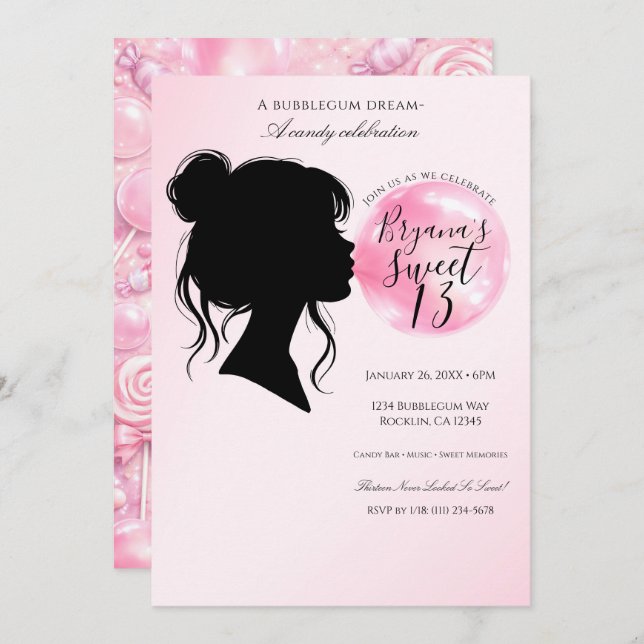 Convite Pink Bubblegum Dream Candy Birthday Celebration   (Frente/Verso)