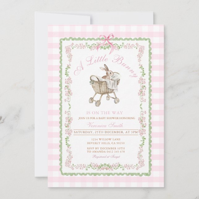 Convite Pink Bunny Baby Shower Watercolor Grandmillennial  (Frente)
