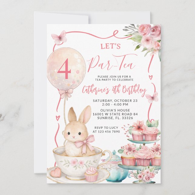 Convite Pink Bunny Tea Party Birthday Let’s Par Tea (Frente)