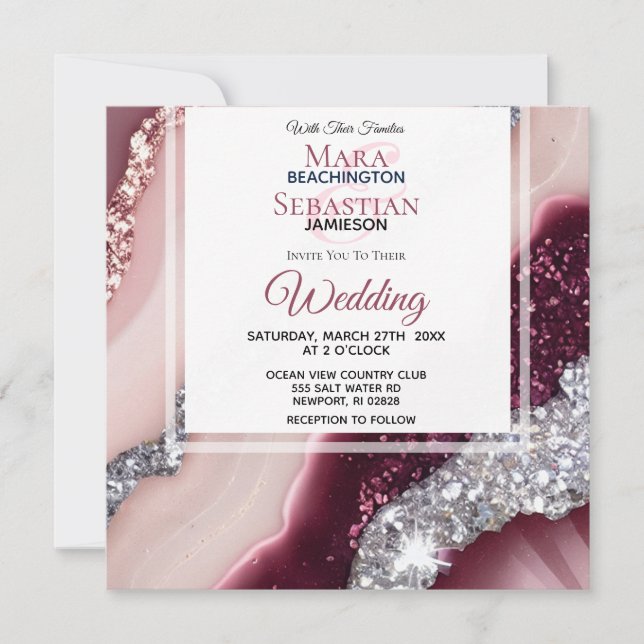 Convite *~* PINK BURGUNDY Agate RSVP QR AR66 Casamento (Frente)