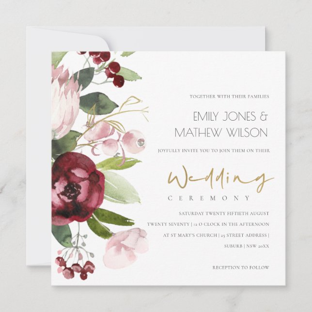 CONVITE PINK BURGUNDY PROTEA PEONY CASAMENTO FLORAL (Frente)