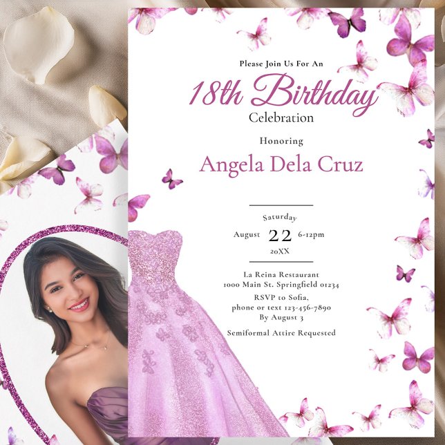 Convite Pink Butterflies And Dress 18th Birthday Debut (Criador carregado)