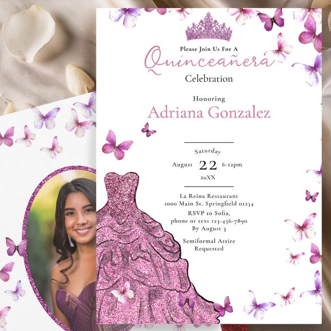 Convite Pink Butterflies Dress and Tiara Photo Quinceanera (Criador carregado)