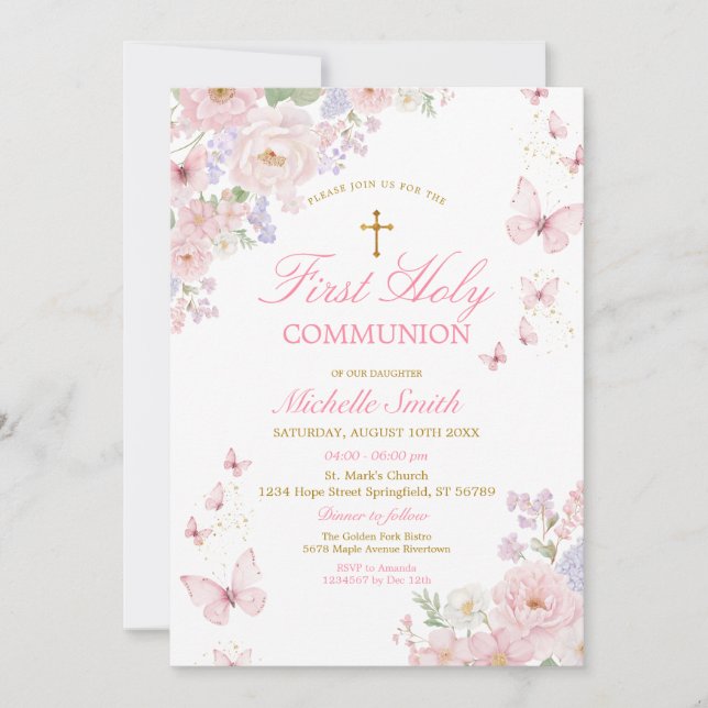 Convite Pink Butterflies Dusty Floral First Holy Communion (Frente)