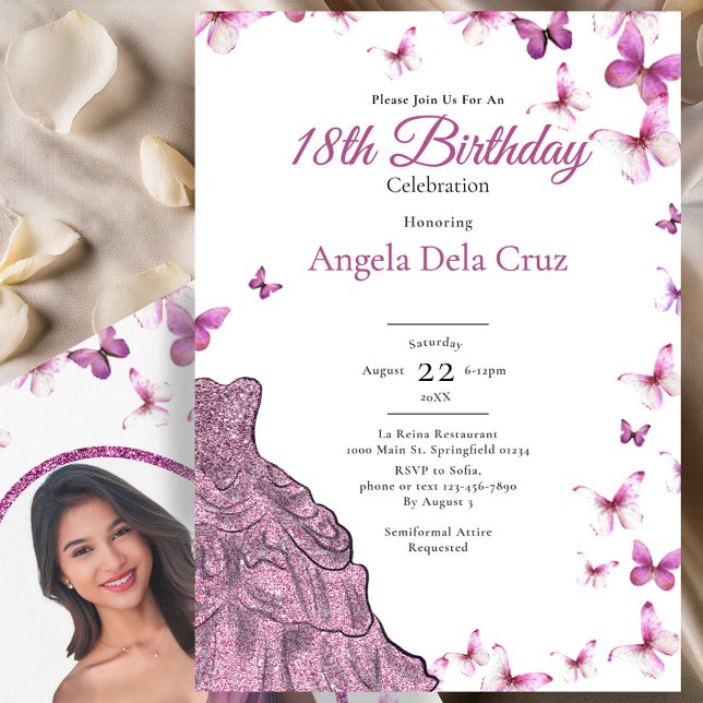 Convite Pink Butterflies Fancy Dress 18th Birthday Debut (Criador carregado)