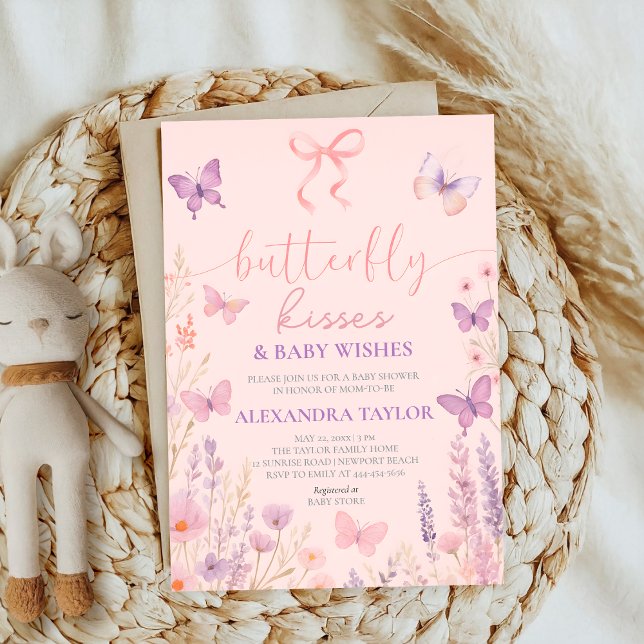 Convite pink Butterfly Kisses ribbon bow baby shower (Criador carregado)