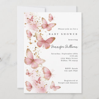 Convite Pink Butterfly Minimalist Baby Shower Invitation