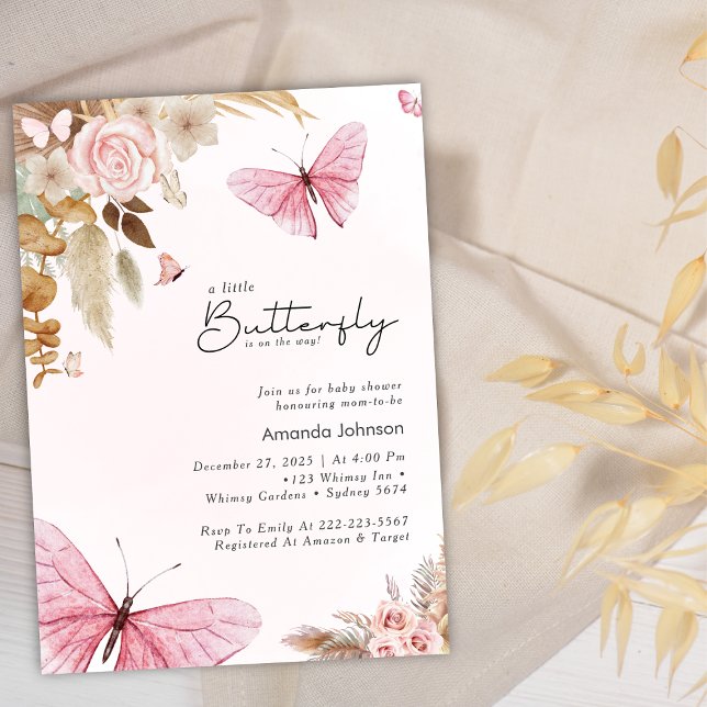 Convite Pink Butterfly Pampas Grass Bohemian Baby Shower  (Criador carregado)