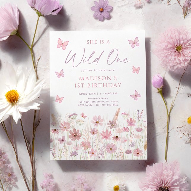 Convite Pink Butterfly Wildflowers First Birthday (Criador carregado)