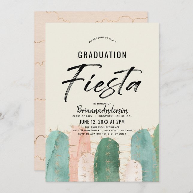 Convite Pink Cactus Graduation Fiesta (Frente/Verso)
