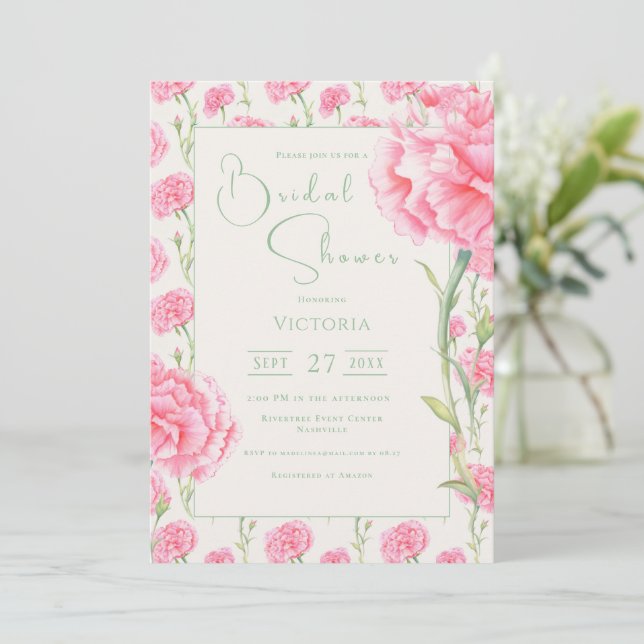 Convite Pink Carnation Floral Bridal Shower Invitation (Em pé/Frente)