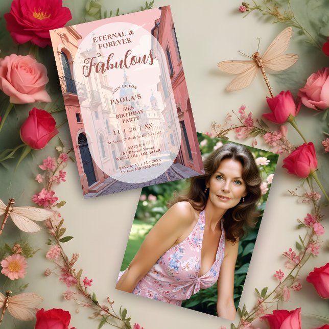 Convite Pink Charming Ancient Cityscape Oval Translucent (Pink Charming Ancient Cityscape 50th Birthday Invitation Card with Oval Translucent Overlay. )