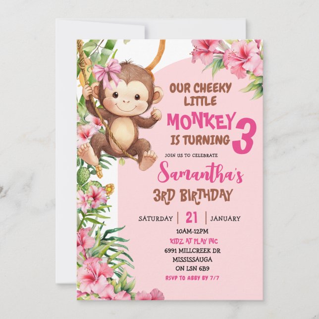 Convite Pink Cheeky Little Monkey Savannah Theme Birthday (Frente)